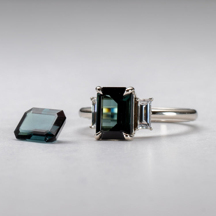 14k Gold Greenish Blue Tourmaline Trio Ring