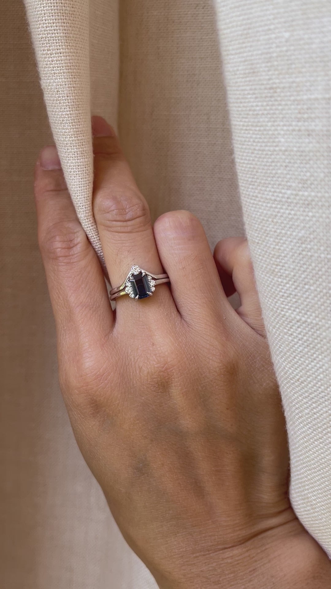 Emerald Cut Blue Sapphire Engagement Ring w/ Triangle Diamonds